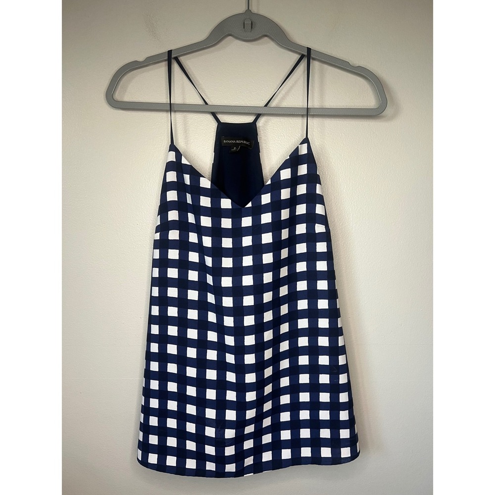 Women's Navy White Gingham Check Cami Top Coastal Preppy Old Money Hamptons Sz S
